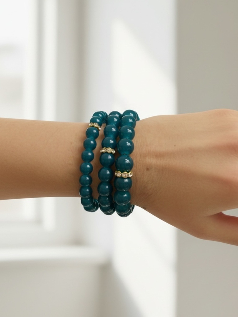 Teal Color Crystal Beads Bracelet with Gold/Crystal Stone Accent - Set of 3